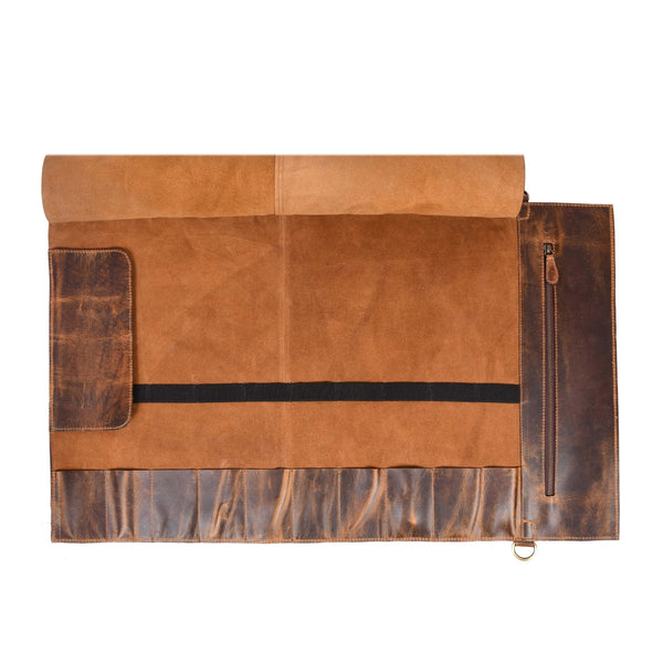 Leather Knife Roll Bag with Handle – Handmade Rustic Chef Knife Roll, - Aaron Leather Goods Inc