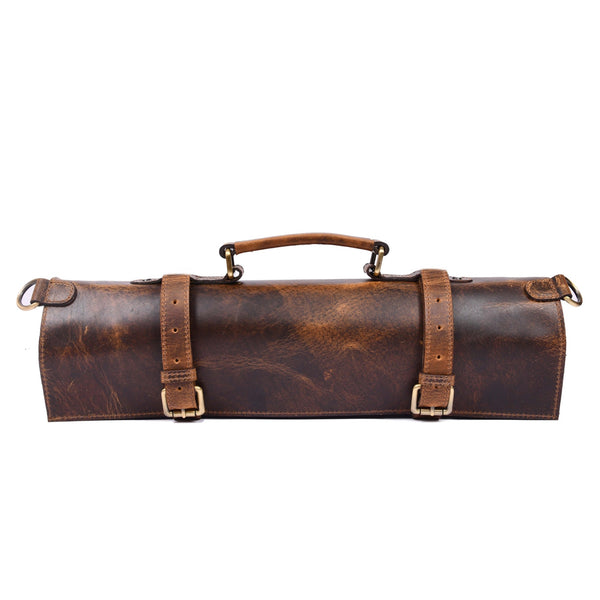Leather Knife Roll Bag with Handle – Handmade Rustic Chef Knife Roll, - Aaron Leather Goods Inc