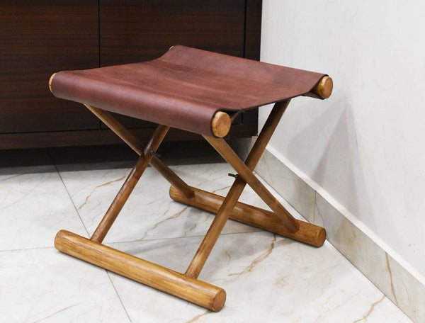 Miami Teak Wood Stool - Walnut Brown Leather - Aaron Leather Goods