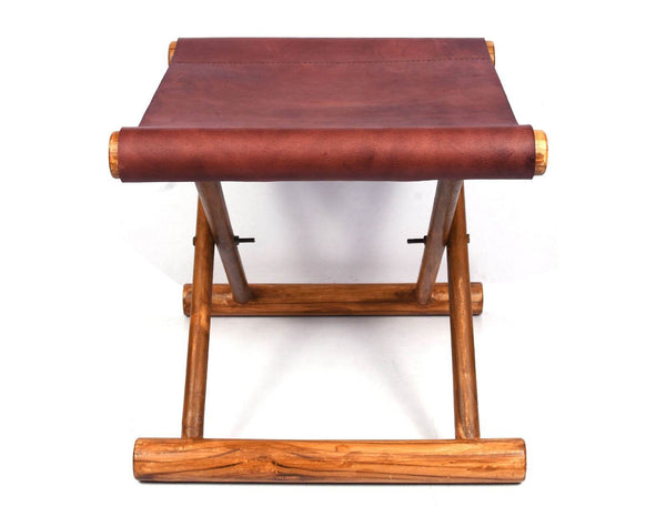 Miami Teak Wood Stool - Walnut Brown Leather - Aaron Leather Goods