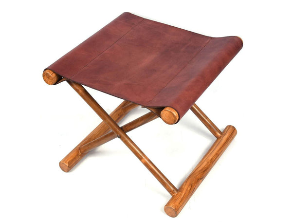 Miami Teak Wood Stool - Walnut Brown Leather - Aaron Leather Goods