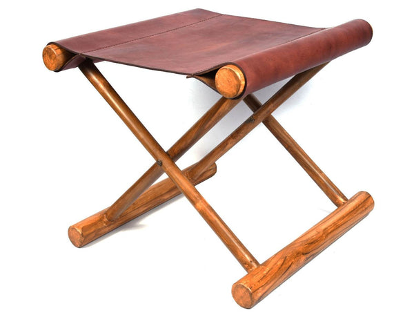 Miami Teak Wood Stool - Walnut Brown Leather - Aaron Leather Goods