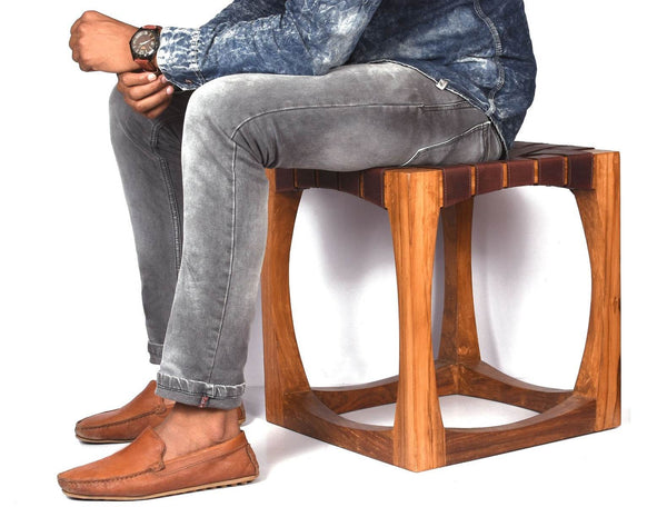 Carolina Teak Wood Stool - Walnut Brown - Aaron Leather Goods
