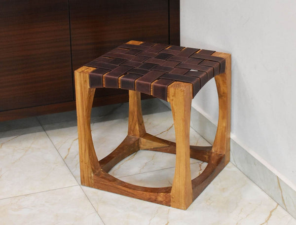 Carolina Teak Wood Stool - Walnut Brown - Aaron Leather Goods