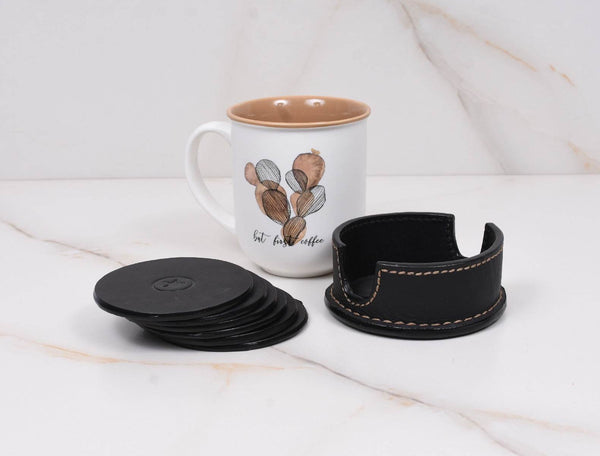 Cannes Leather Coaster - Raven Black - Aaron Leather Goods