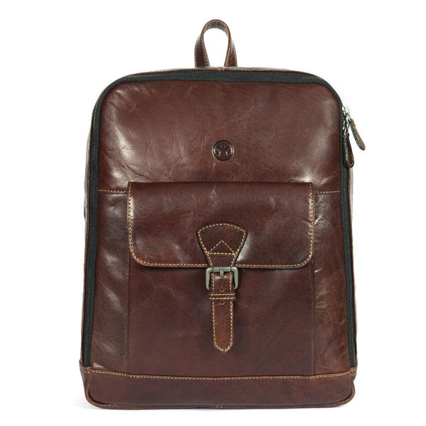 Handcrafted Brown Full-Grain Leather Backpack with Front Buckle Pocket – Vintage Travel Bag by Aaron Leather Goods