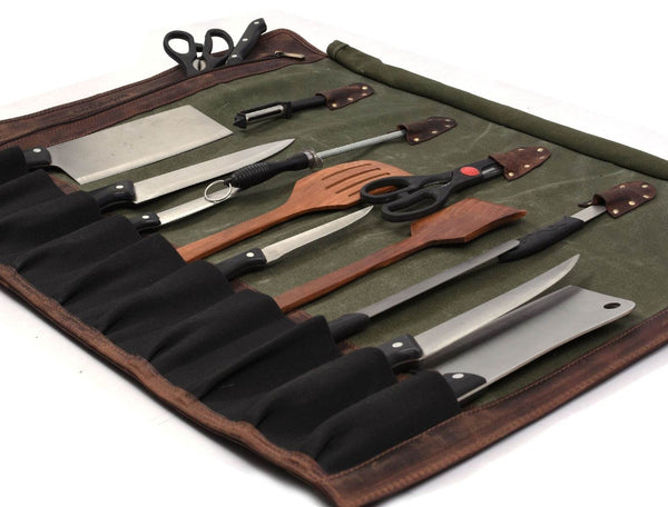 Malaga Canvas Knife Roll - Olive Green - Aaron Leather Goods