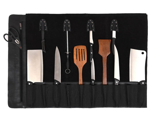 Tuscania Leather Knife Roll - Black - Aaron Leather Goods
