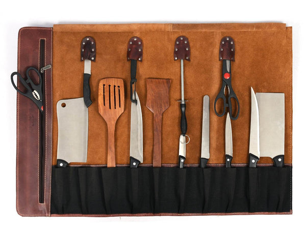 Tuscania Leather Knife Roll & Bag Combo - Walnut Brown - Aaron Leather Goods