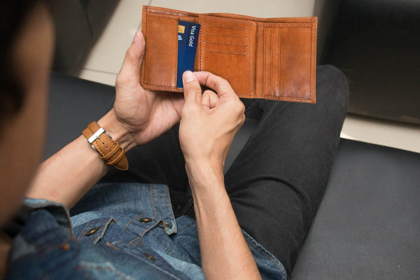 Fremont Leather Tri-fold Mens Wallet - Caramel - Aaron Leather Goods