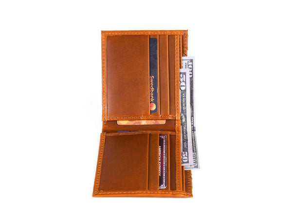 Detroit Leather Bi-fold Mens Wallet - Chestnut - Aaron Leather Goods