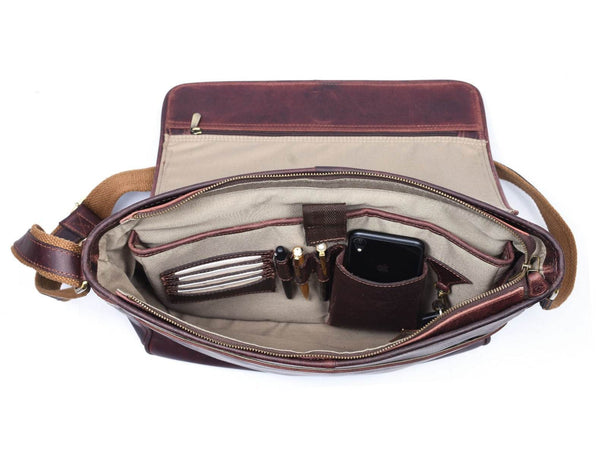 Boulder Leather Messenger Bag & Organizer Combo - Brown - Aaron Leather Goods