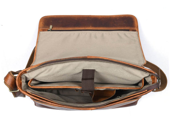 Savona Leather Messenger Bag - Caramel Brown - Aaron Leather Goods