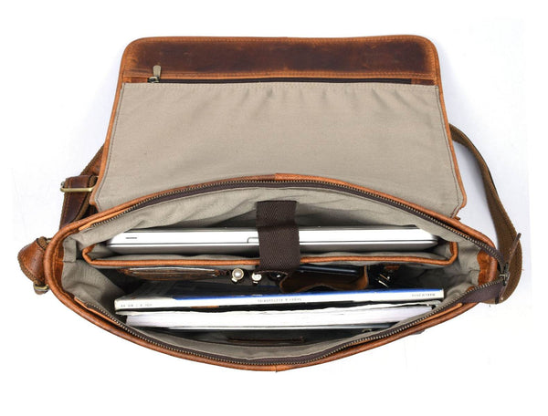 Savona Leather Messenger Bag - Caramel Brown - Aaron Leather Goods