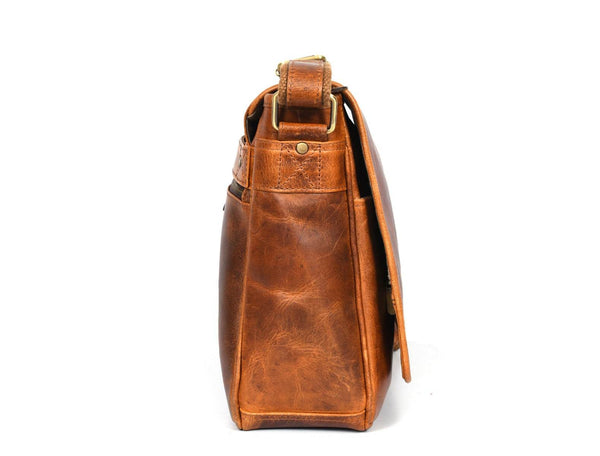 Savona Leather Messenger Bag - Caramel Brown - Aaron Leather Goods