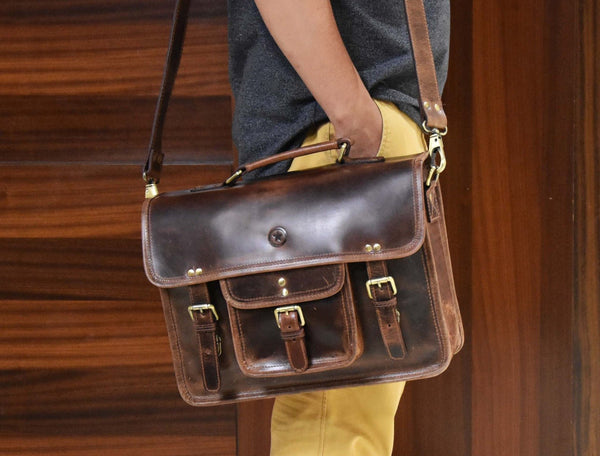 Ancona Leather Office Bag 15" - Dark Brown - Aaron Leather Goods