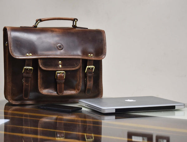 Ancona Leather Office Bag 15" - Dark Brown - Aaron Leather Goods