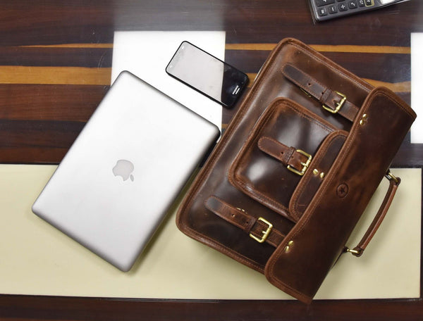 Ancona Leather Office Bag 15" - Dark Brown - Aaron Leather Goods