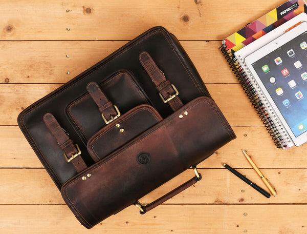 Ancona Leather Office Bag 15" - Walnut - Aaron Leather Goods