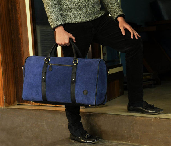 Pomona Leather Suede Weekender Bag - Blue - Aaron Leather Goods