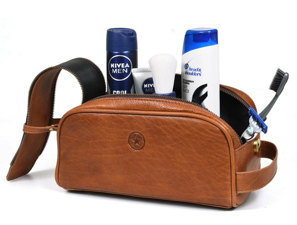 Omaha Leather Toiletry Bag - Tawny Brown - Aaron Leather Goods
