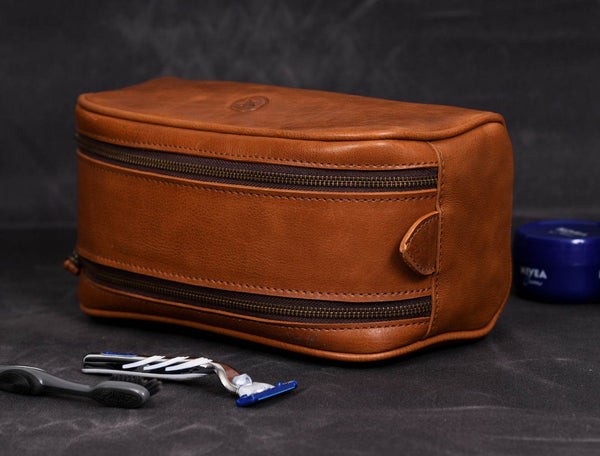 Omaha Leather Toiletry Bag - Tawny Brown - Aaron Leather Goods
