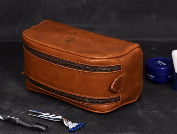 Omaha Leather Toiletry Bag - Tawny Brown - Aaron Leather Goods