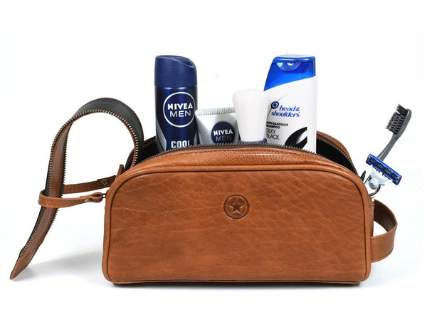 Omaha Leather Toiletry Bag - Tawny Brown - Aaron Leather Goods