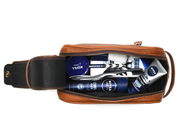 Omaha Leather Toiletry Bag - Tawny Brown - Aaron Leather Goods