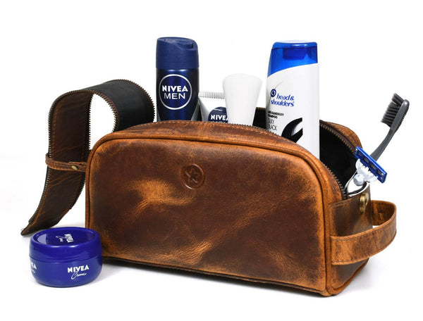 Omaha Leather Toiletry Bag - Penny Brown - Aaron Leather Goods