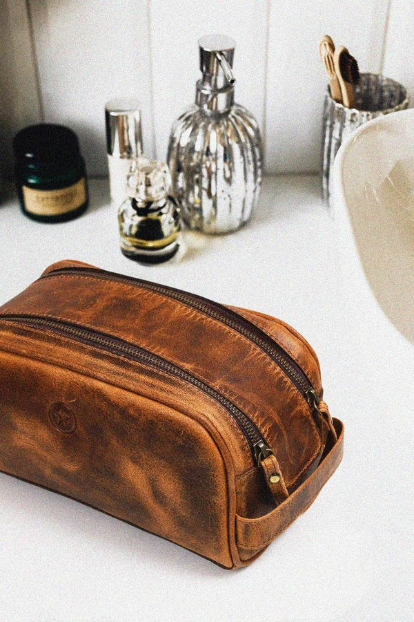 Omaha Leather Toiletry Bag - Penny Brown - Aaron Leather Goods