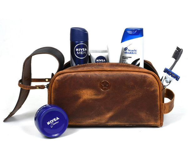 Omaha Leather Toiletry Bag - Penny Brown - Aaron Leather Goods