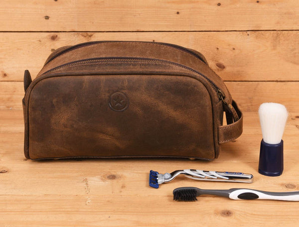 Omaha Leather Toiletry Bag - Brown - Aaron Leather Goods