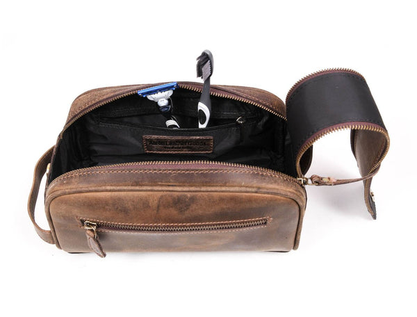 Omaha Leather Toiletry Bag - Brown - Aaron Leather Goods