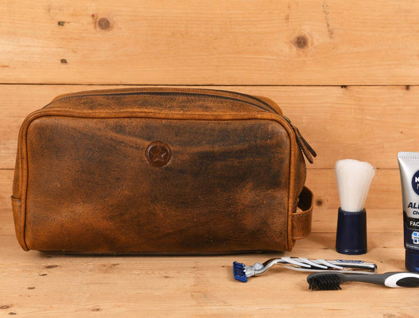 Tampa Leather Toiletry Bag - Caramel - Aaron Leather Goods