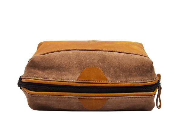 Valencia Canvas Leather Toiletry Bag - Caramel Brown - Aaron Leather Goods