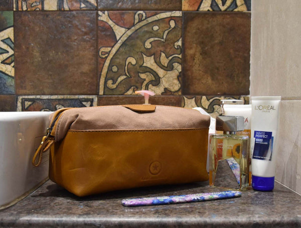 Valencia Canvas Leather Toiletry Bag - Caramel Brown - Aaron Leather Goods