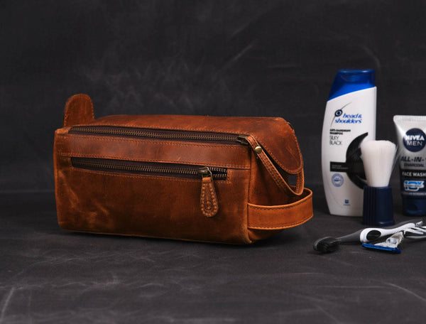 Arousa Leather Toiletry Bag - Caramel Brown - Aaron Leather Goods