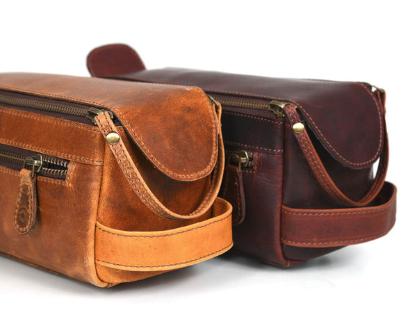 Arousa Leather Toiletry Bag - Caramel Brown - Aaron Leather Goods