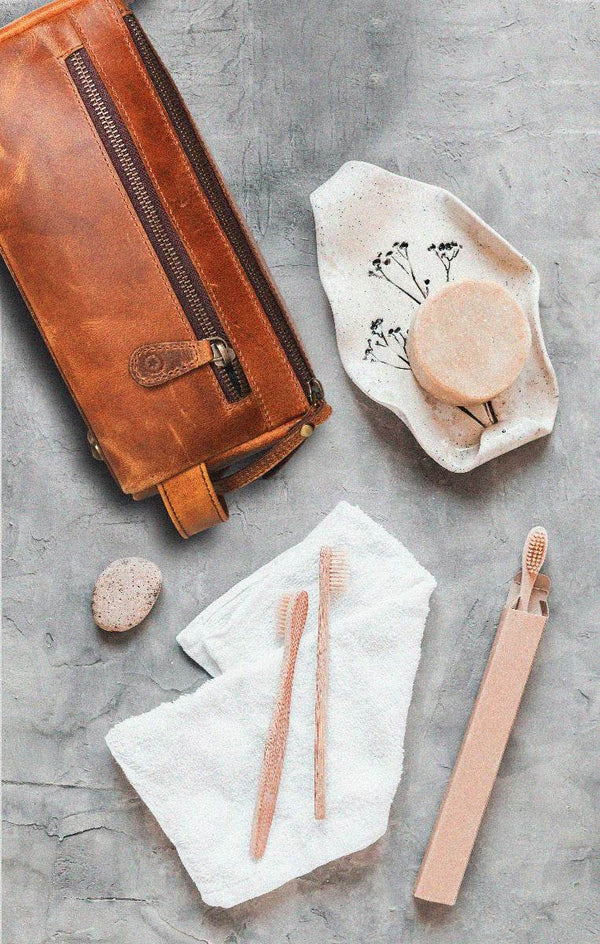 Arousa Leather Toiletry Bag - Caramel Brown - Aaron Leather Goods