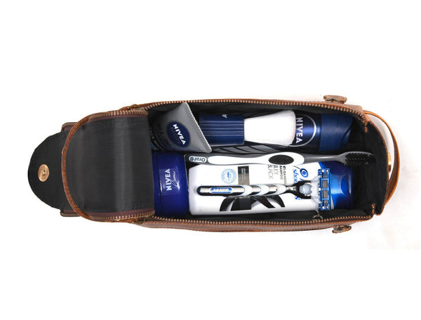 Arousa Leather Toiletry Bag - Caramel Brown - Aaron Leather Goods