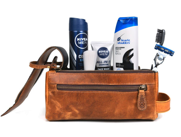 Arousa Leather Toiletry Bag - Caramel Brown - Aaron Leather Goods