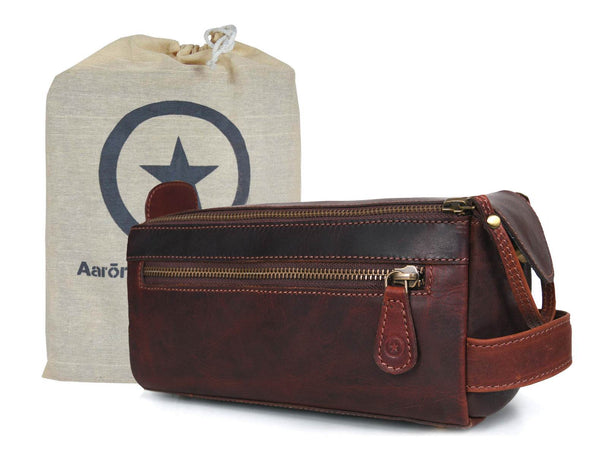 Arousa Leather Toiletry Bag - Walnut Brown - Aaron Leather Goods