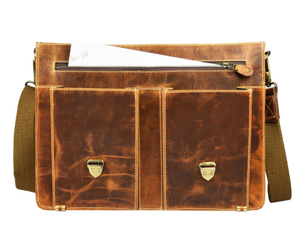 Phoenix Leather Briefcase - Caramel Brown - Aaron Leather Goods