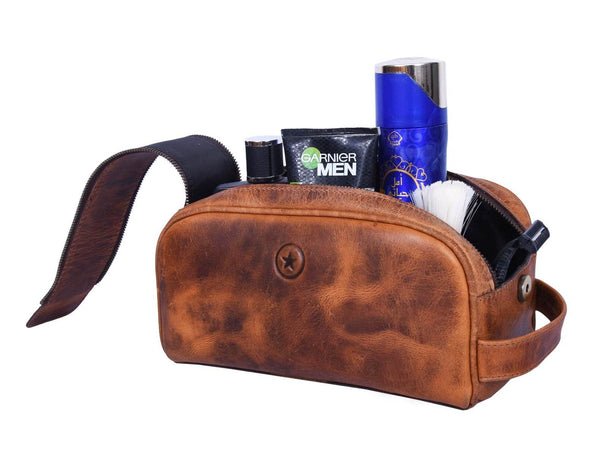 Omaha Leather Toiletry Bag - Caramel Brown - Aaron Leather Goods