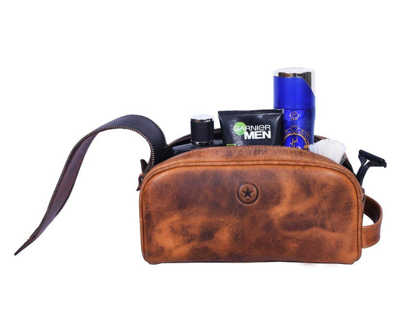 Omaha Leather Toiletry Bag - Caramel Brown - Aaron Leather Goods