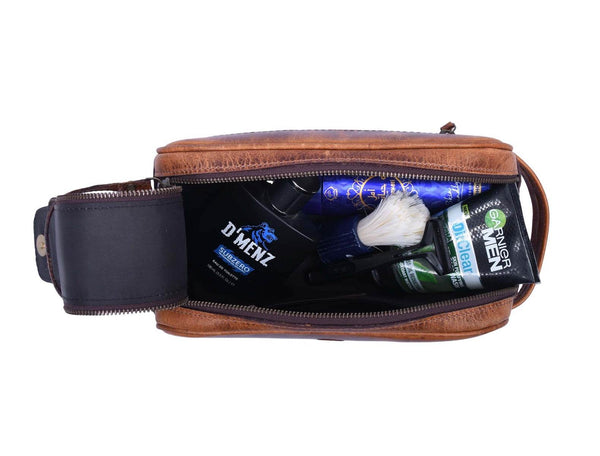 Omaha Leather Toiletry Bag - Caramel Brown - Aaron Leather Goods