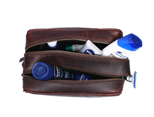 Tampa Leather Toiletry Bag - Walnut Brown - Aaron Leather Goods