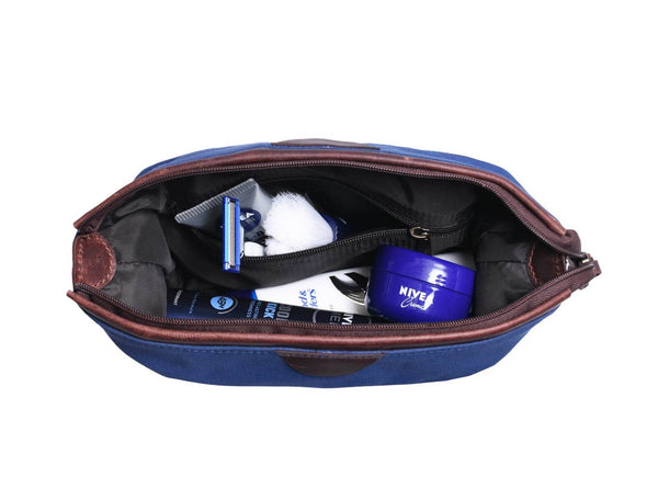 Valencia Canvas Leather Toiletry Bag - Blue - Aaron Leather Goods