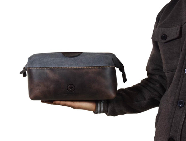 Valencia Canvas Leather Toiletry Bag - Vintage Brown - Aaron Leather Goods